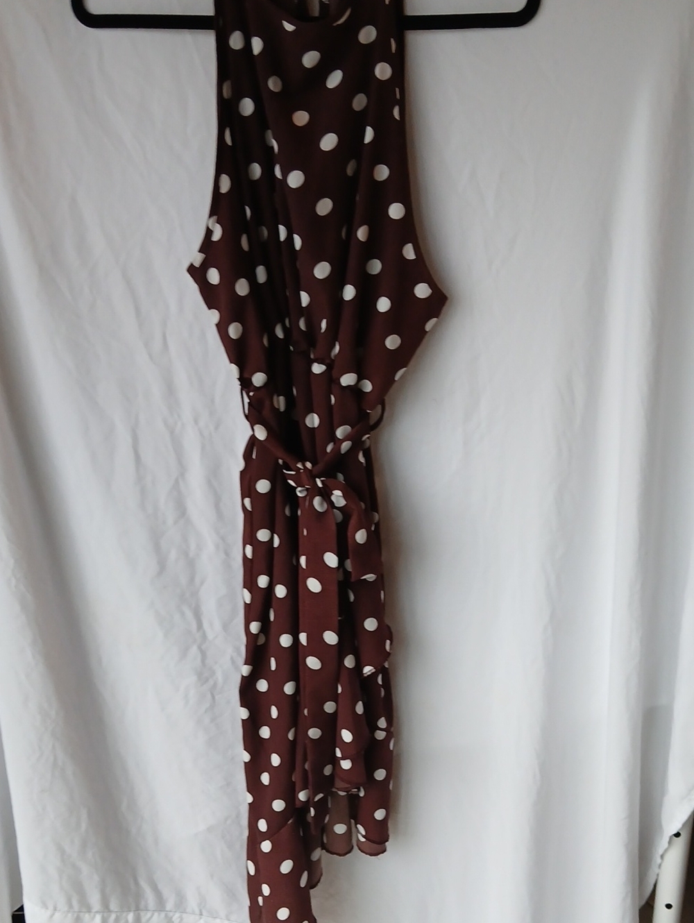 31. Polka Dot Brown Sleeveless Tie-Waist Dress